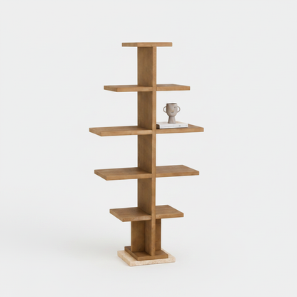 Sculptural Pine & Travertine Display Shelf