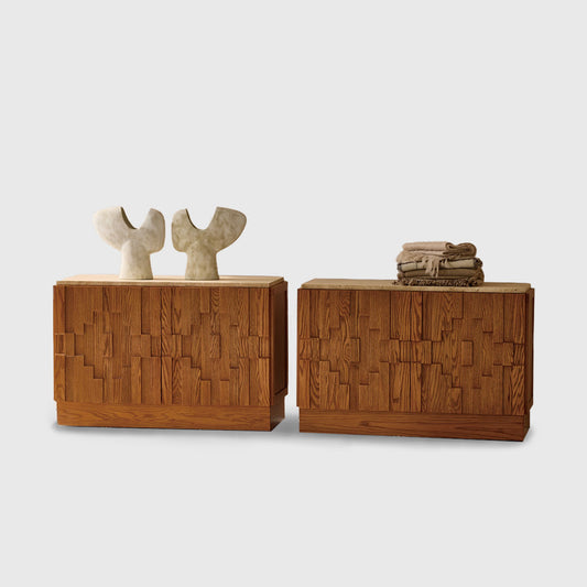 Ridge Carved Wood Cabinet with Travertine Top