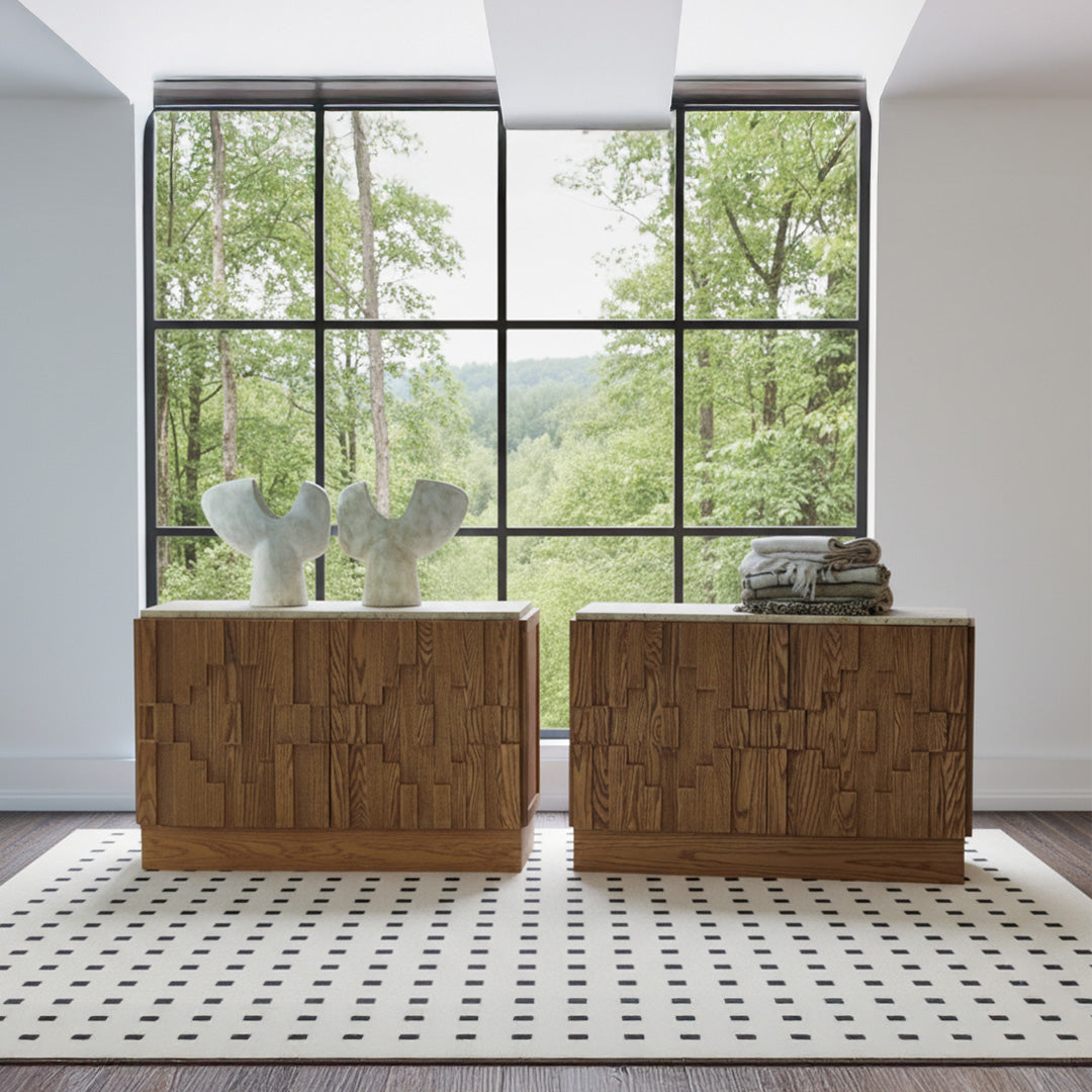 Stellan Ridge Carved Wood Sideboard with Travertine Top