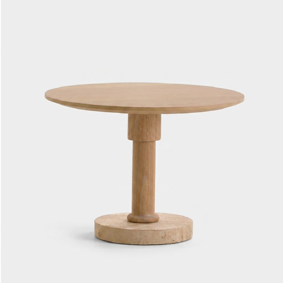 Round Oak End Table with Travertine Base