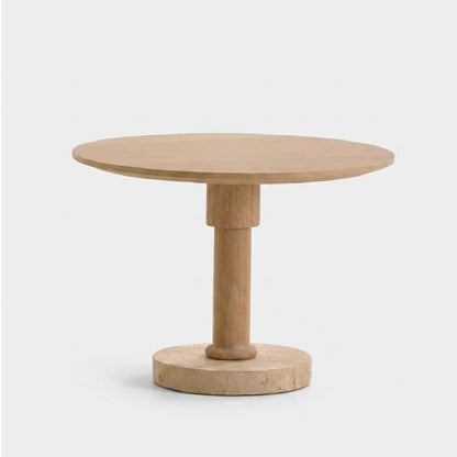 Round Oak End Table with Travertine Base