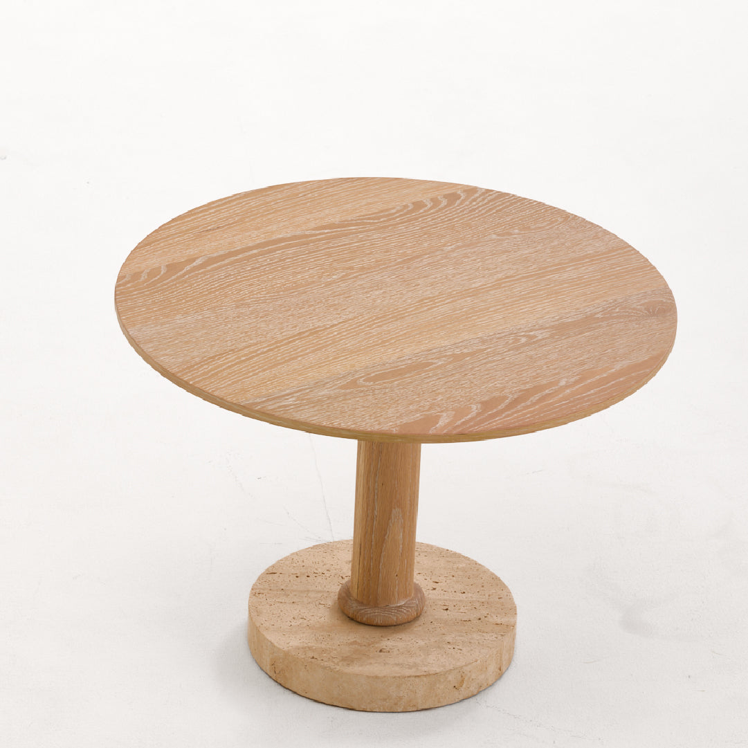 Round Oak End Table with Travertine Base
